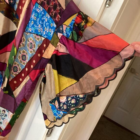 Johnny Was Eloise Scalloped Patchwork Print 100% silk boxy oversized Top large - Picture 4 of 9